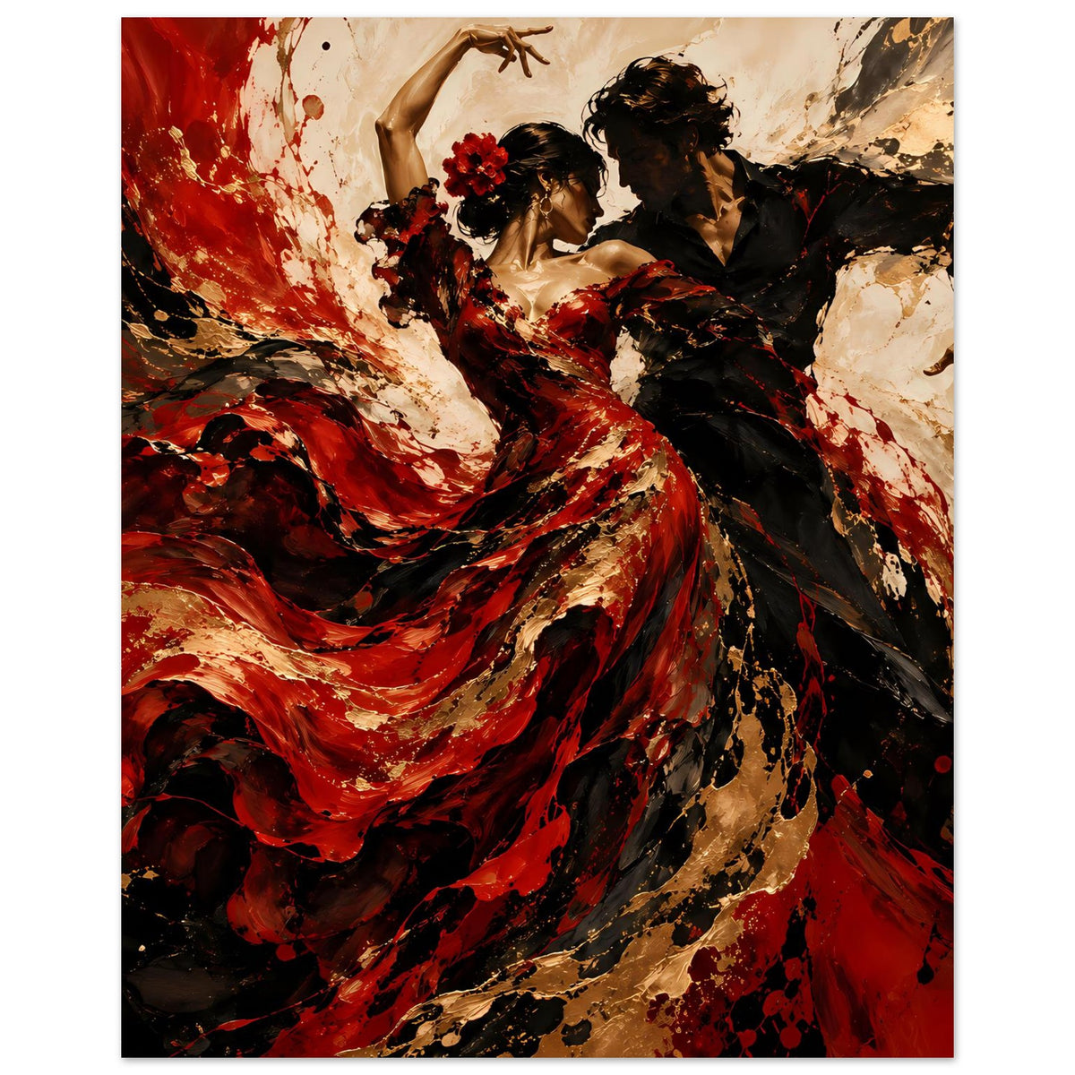 Vertikales Poster mit Flamenco-Tänzerinnen, roter Schwingrock, schwarze Silhouetten, goldene Spritzer