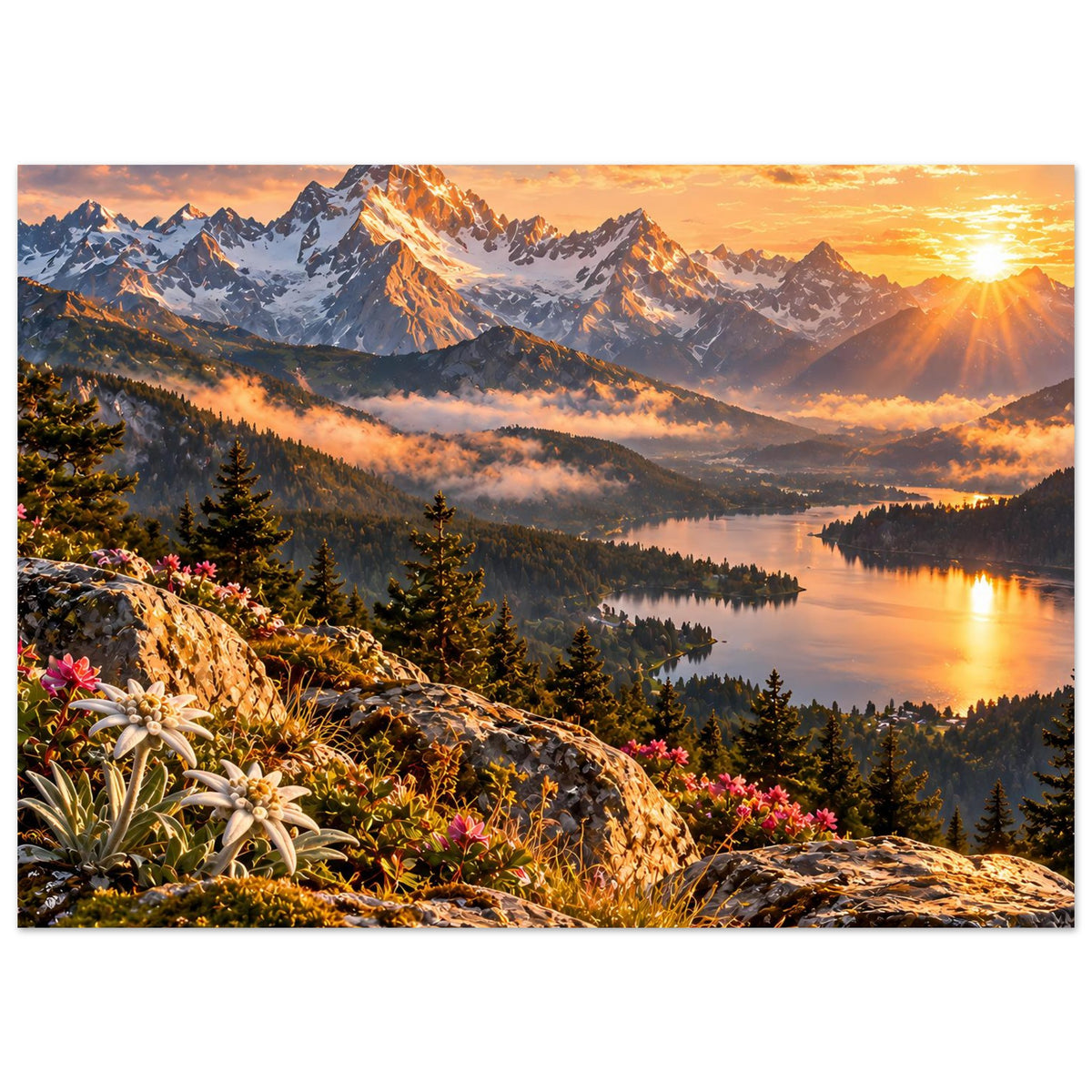 Querformat-Landschaftsposter mit Sonnenaufgang über Bergen, See, Tannenwald und Blumen am Fels