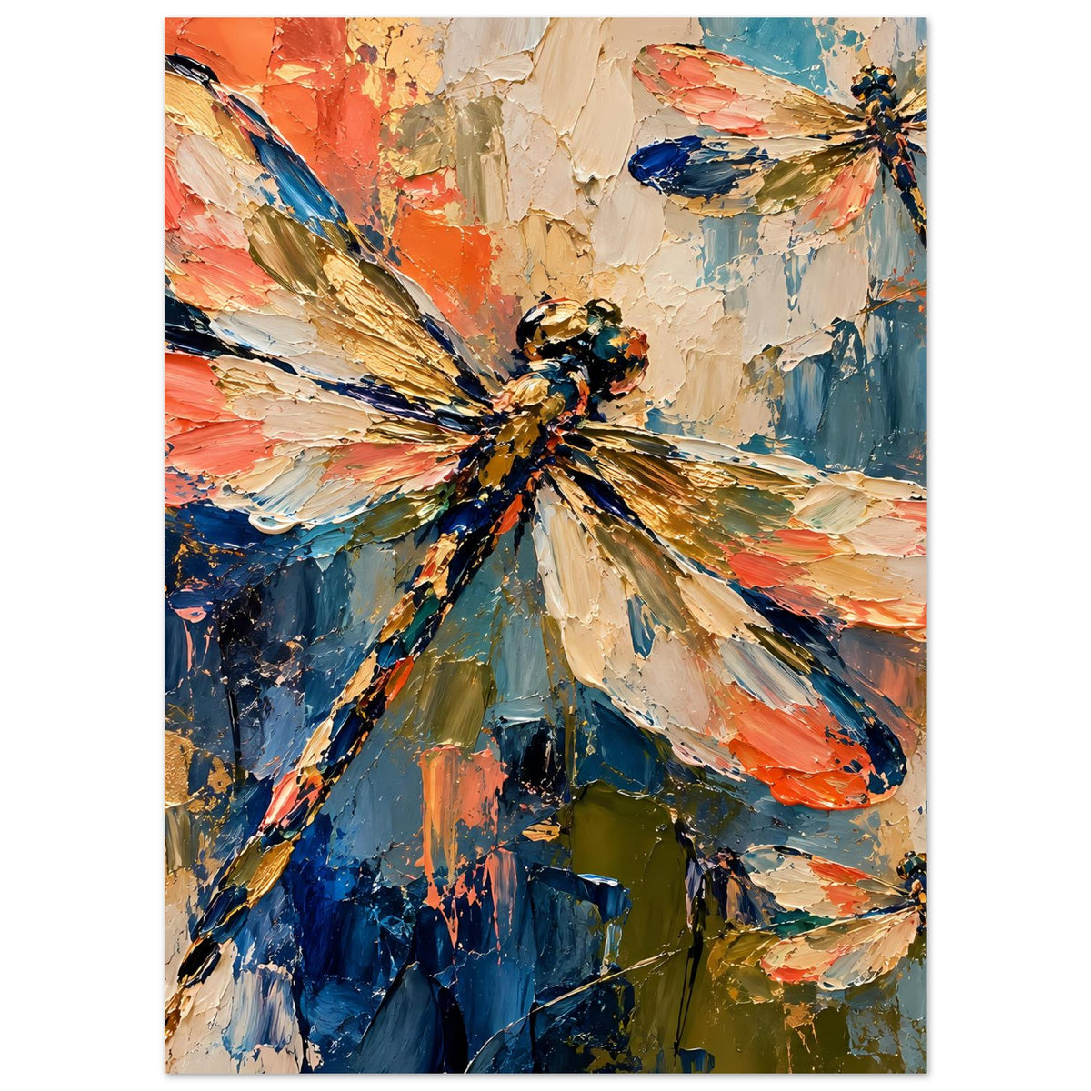 Kunstposter mit Libellen und abstrakten Pinselstrichen in Blau, Orange, Creme und Grün