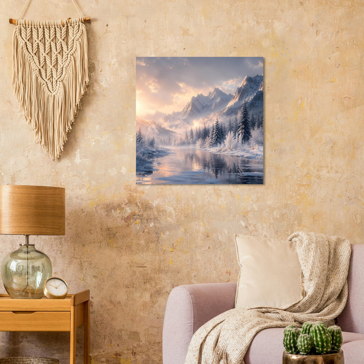 Quadratisches Poster mit Winterlandschaft: verschneiter Fluss, reflektierender See und bergige Kulisse