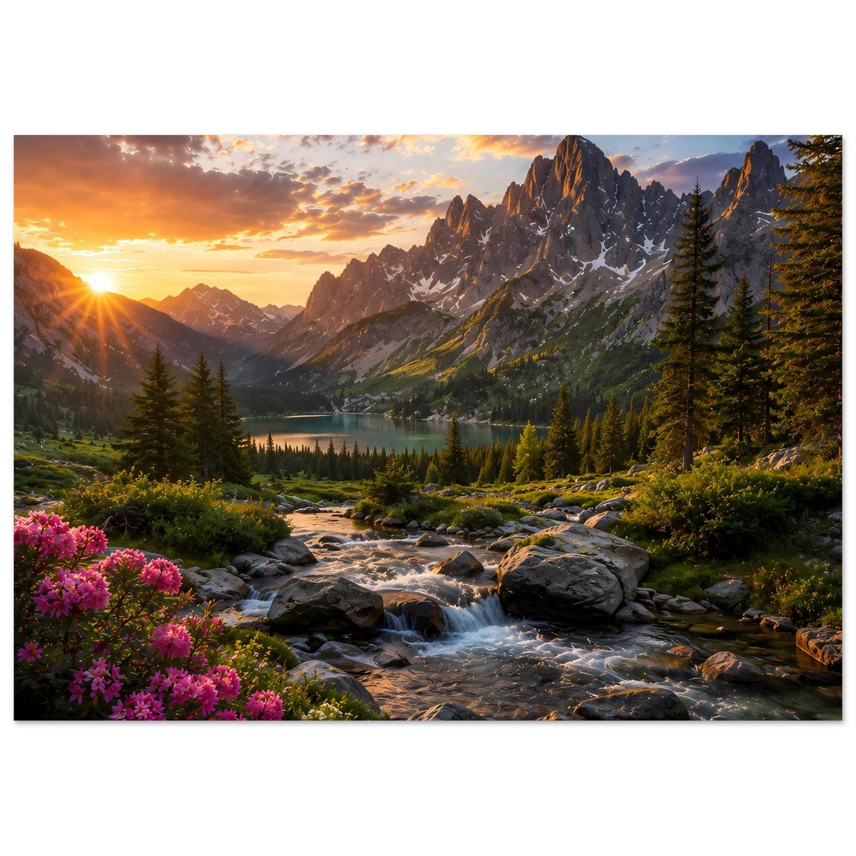 Kunstposter im Querformat mit Sonnenaufgang, markanten Felsgipfeln, See und Tannenwald
