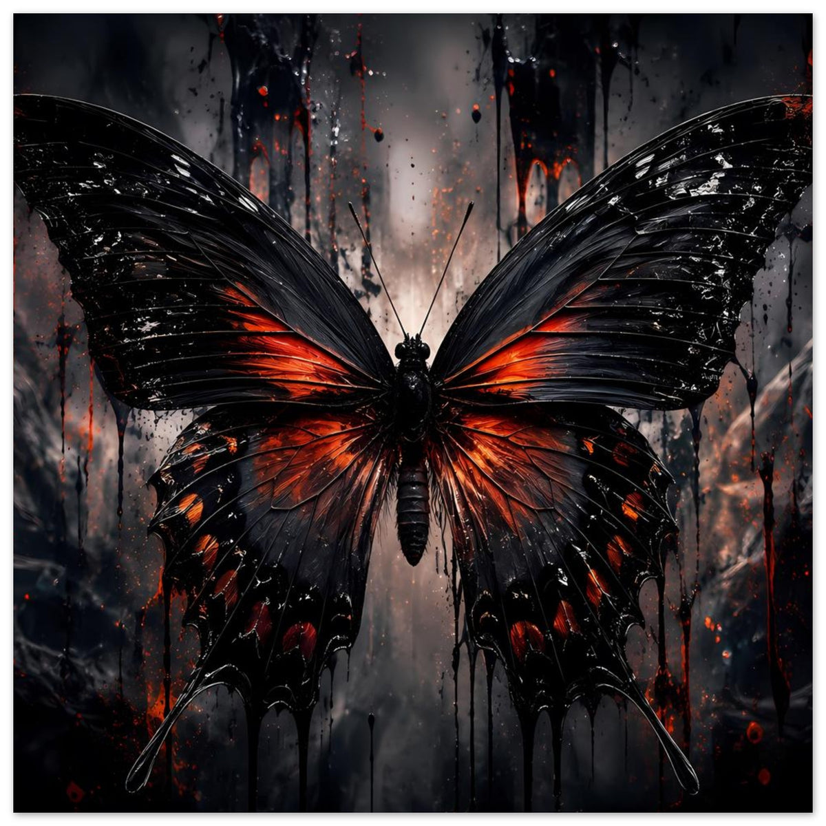 Schmetterlingsposter mit zentralem Schmetterling: schwarze Flügel und orange Glutdetails