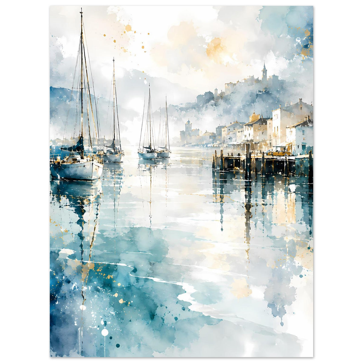 Aquarell-Poster mit Segelbooten links und Hafenbecken, weiße und blaue Farbflecken