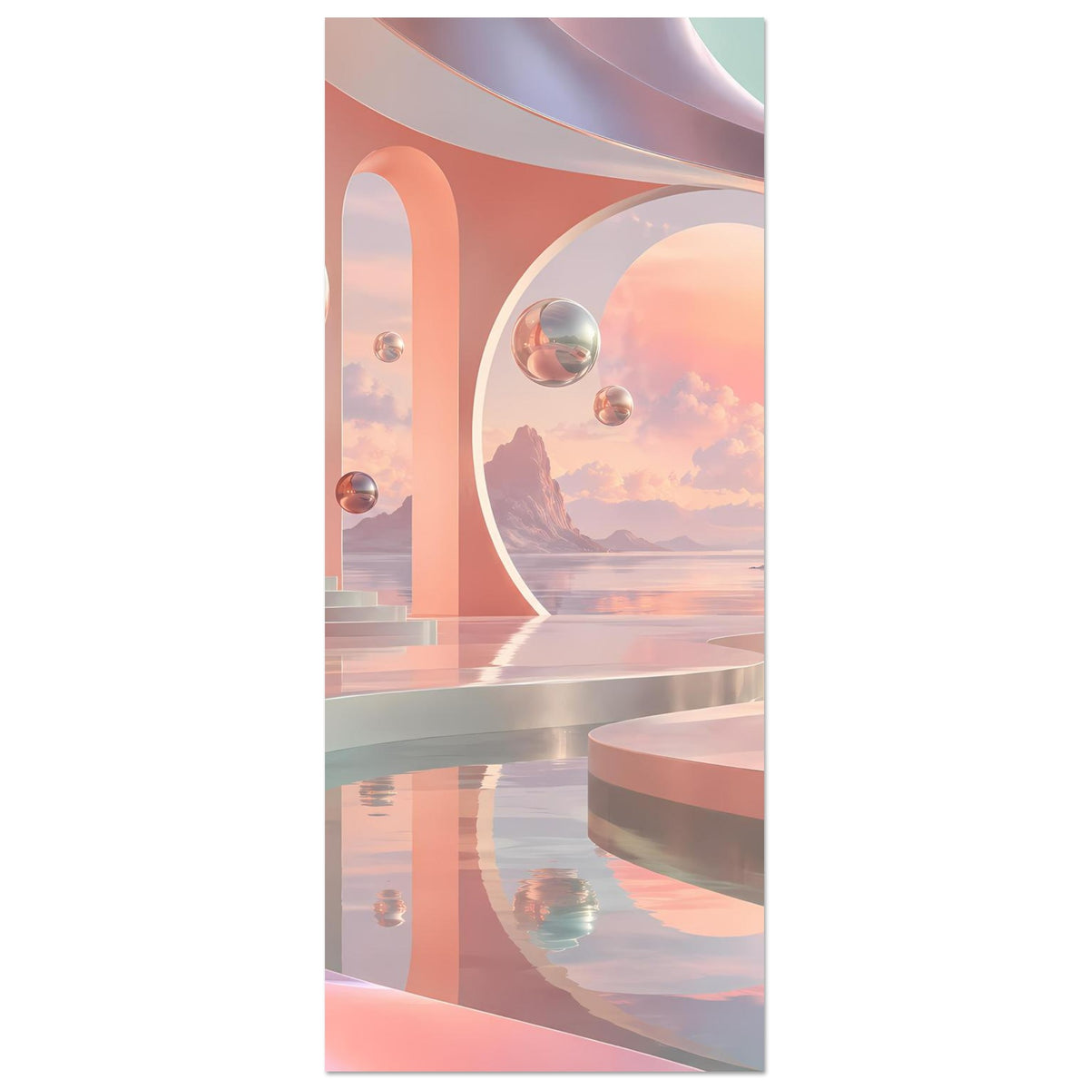Surrealistisches Pastell-Landschafts-Poster, vertikaler Ausschnitt mit Spiegelkugeln