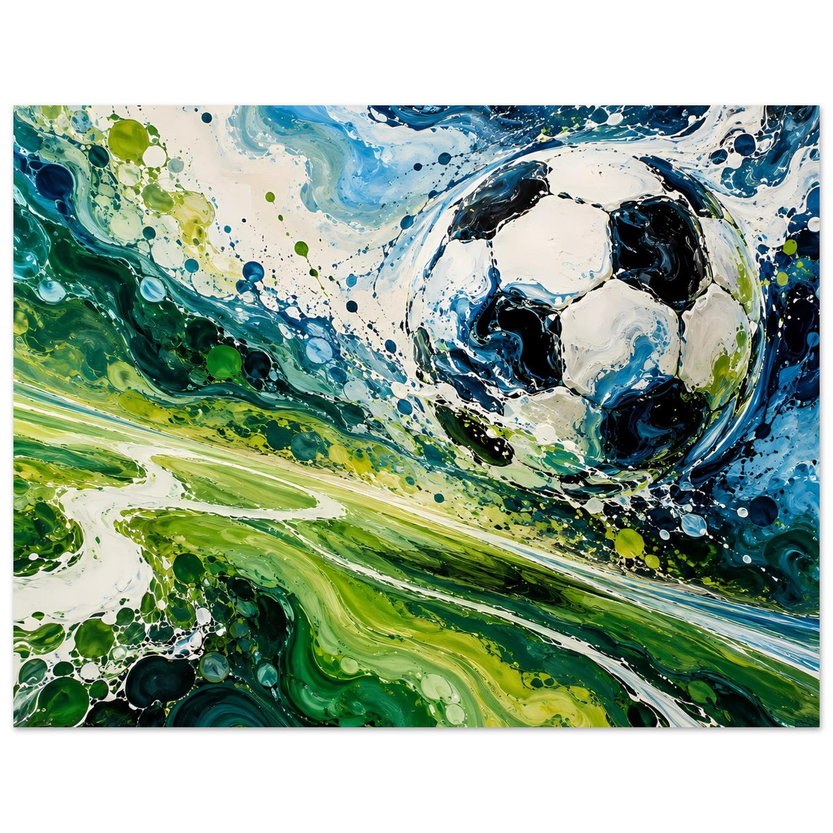 Kunstdruck im Querformat, zugeschnitten: abstraktes Fußballmotiv in Blau, Grün und Weiß