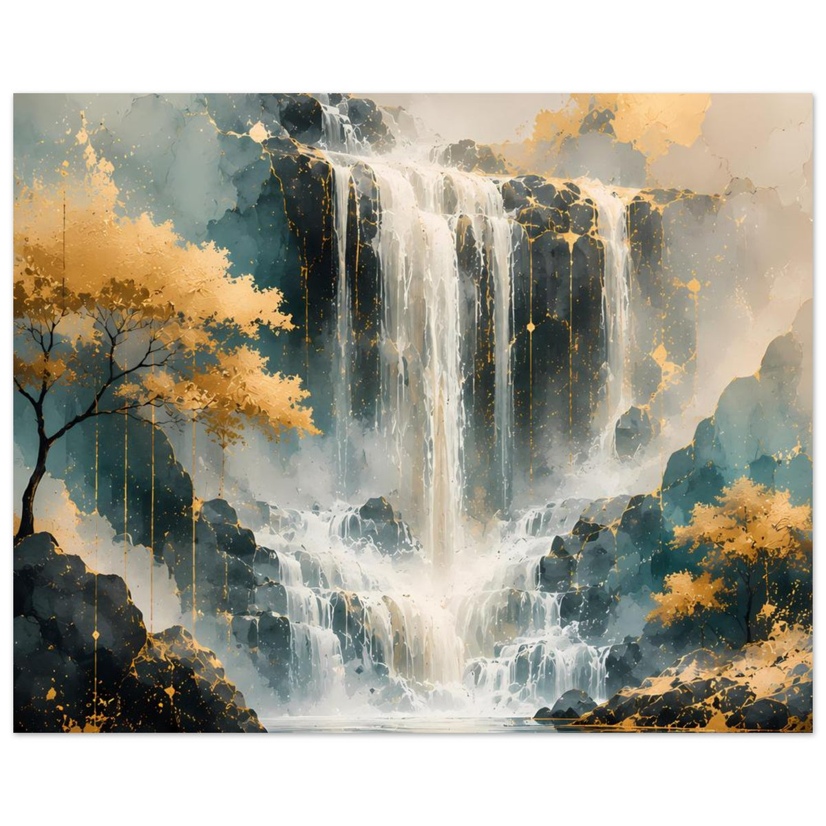 Horizontales Kunstdruck-Poster mit Wasserfall in Blau und warmem Gold, gerahmt