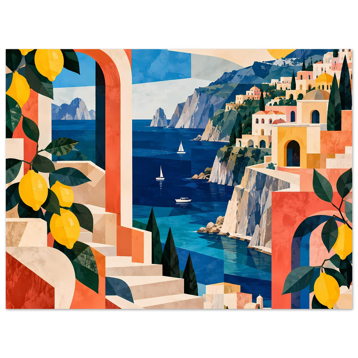 Mediterranes Küstenposter mit Zitronen-Motiv, Küstenlandschaft mit Türmen und Häusern