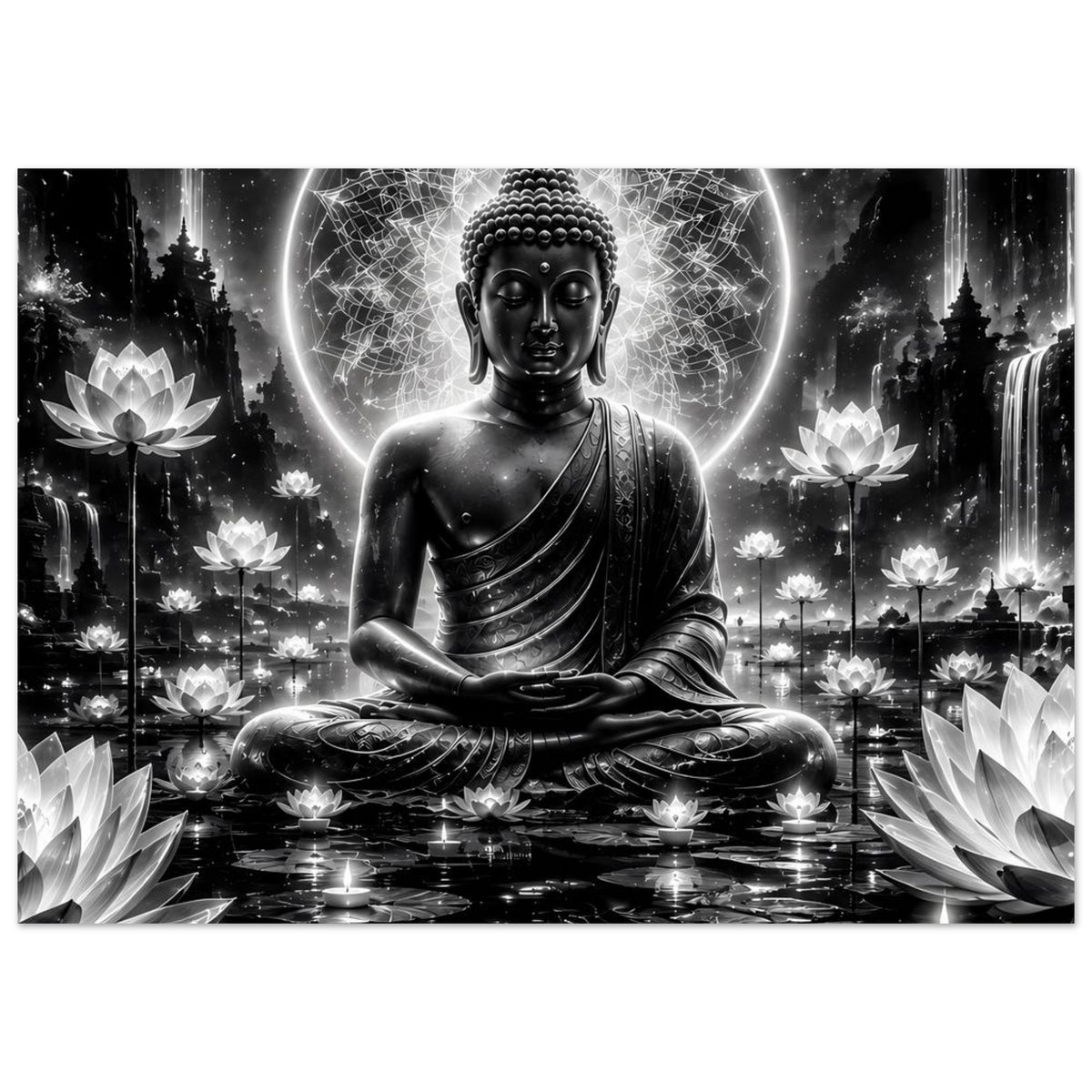 Poster: sitzender Buddha mit leuchtendem Kreis über der Mandala, von Lotusblüten umgeben