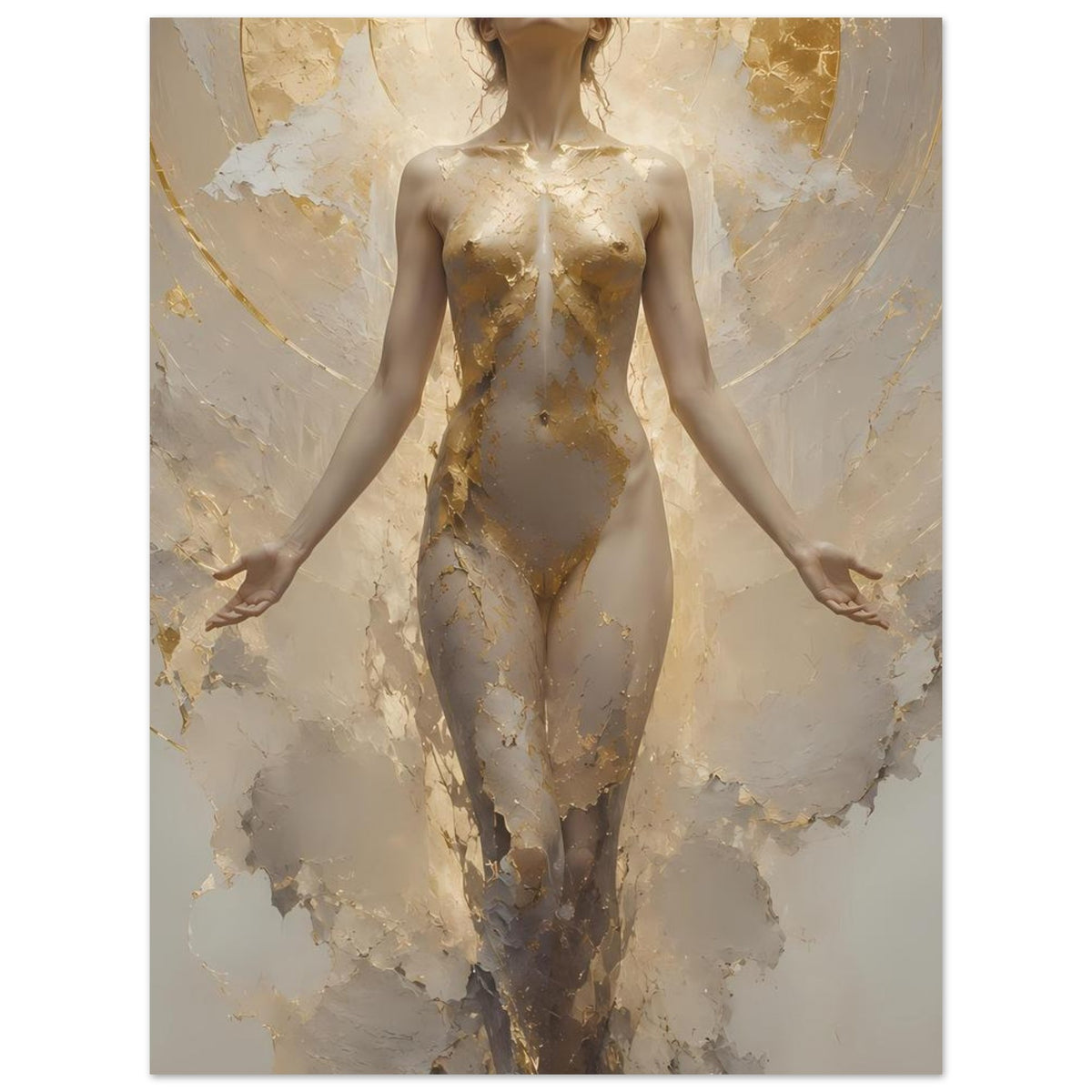 Schwebende Frauenfigur auf Creme-Gold-Poster, goldener Farbauftrag am Oberkörper