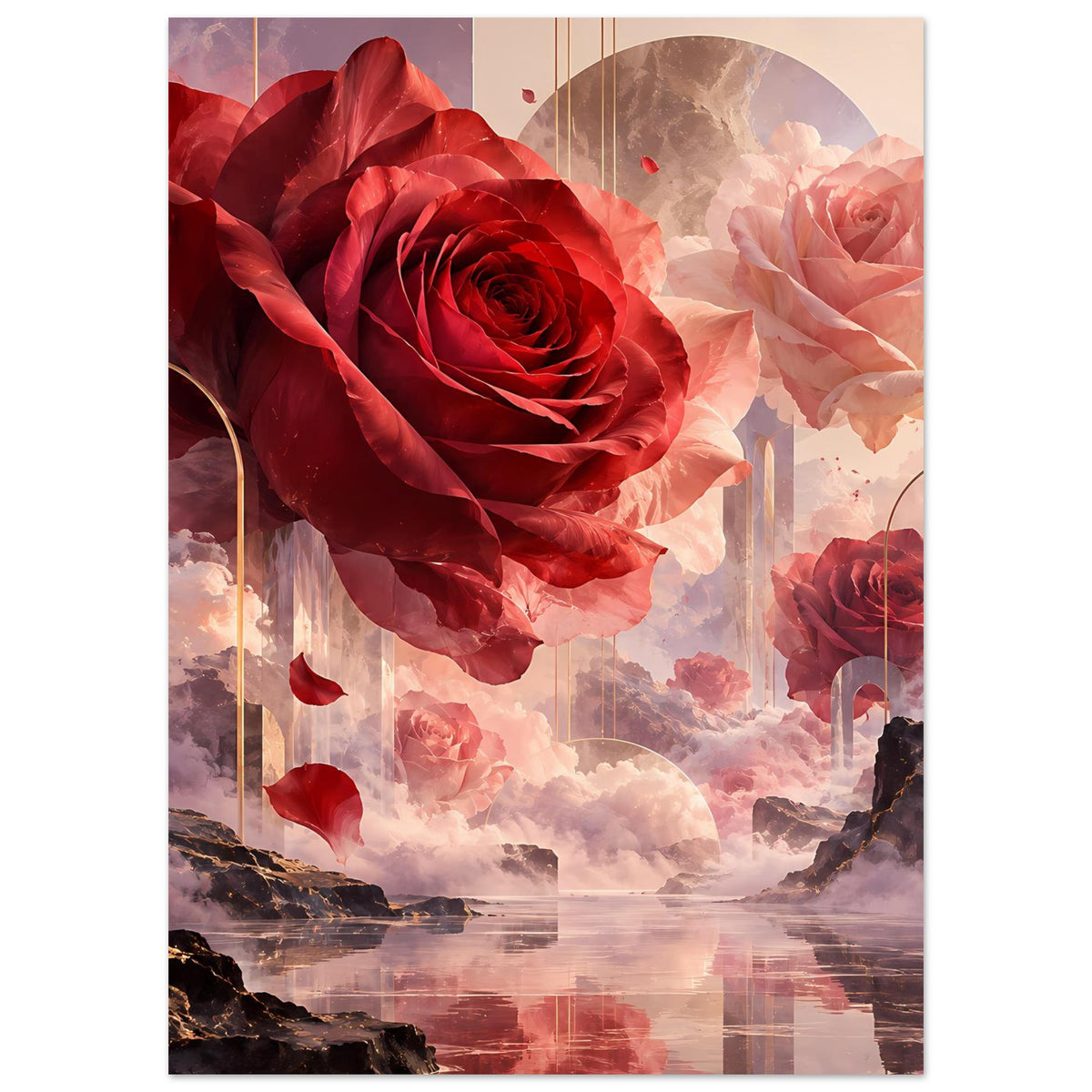 Kunstposter mit roter Rose, rosafarbener Blüte rechts und Bergsilhouetten am Rand