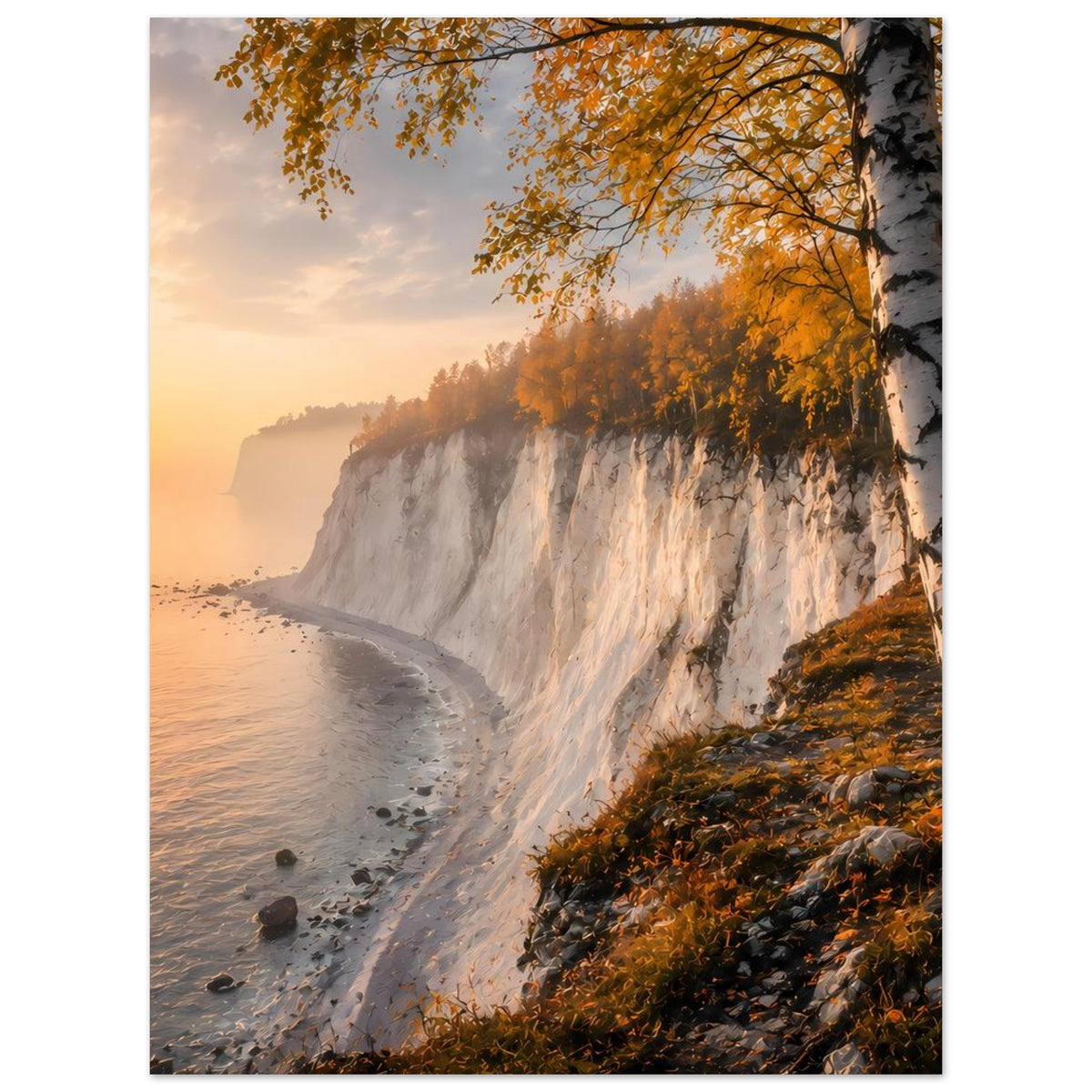 Herbstliches Landschafts-Poster mit Klippen, Birkenstämmen, Waldufer und Sonnenuntergangslicht