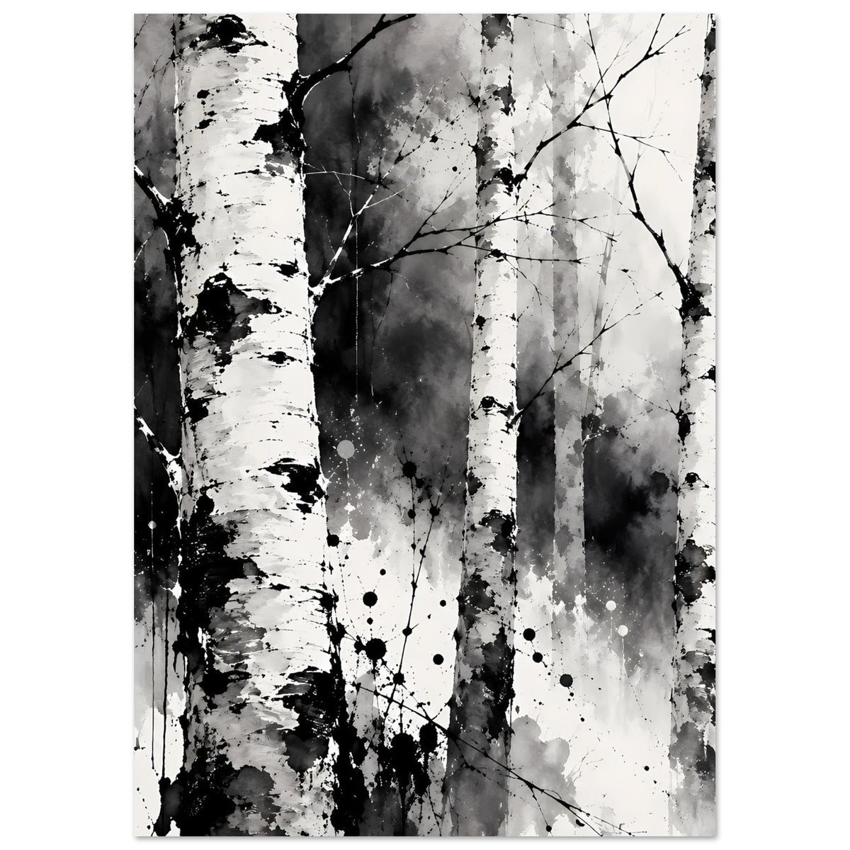 Schwarz-weißes Birch-Wald-Kunstposter mit Baumstämmen und Ästen im Hochformat