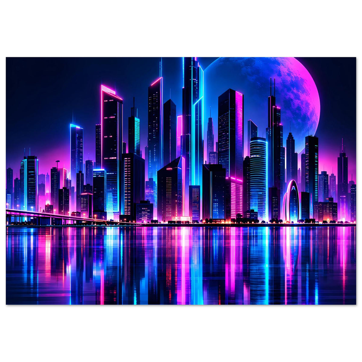 Neon-Stadtposter im Querformat mit futuristischer Skyline, blau-violettem Mond und Spiegelung im Wasser