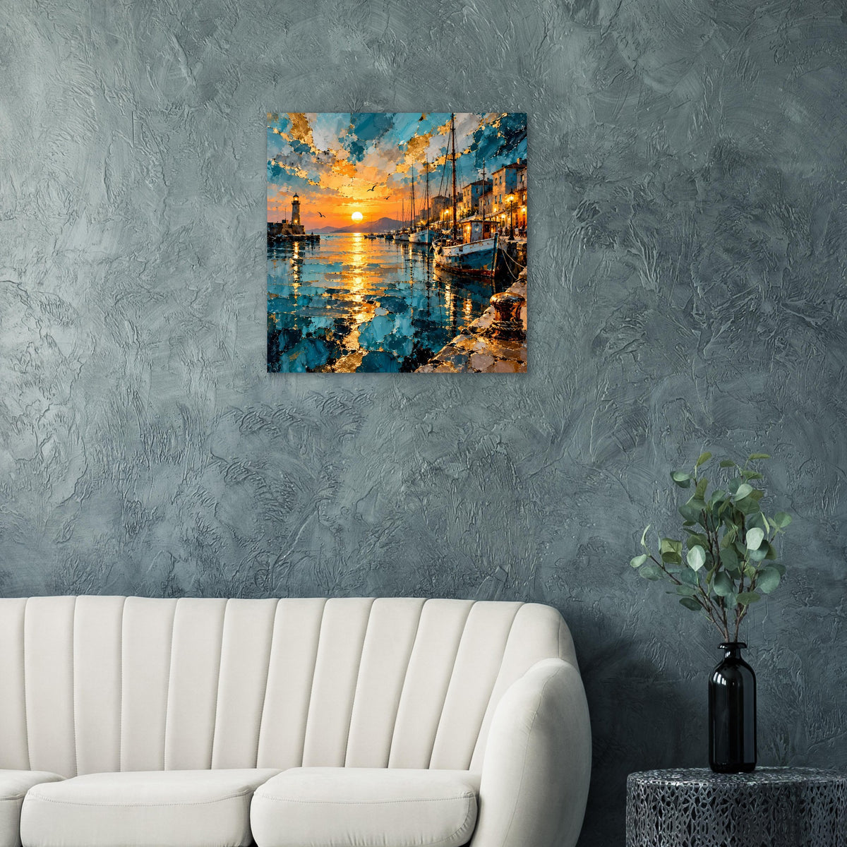 Poster mit Hafen-Szene im Sonnenuntergang, orangefarbene Sonne und Reflexionen im Wasser