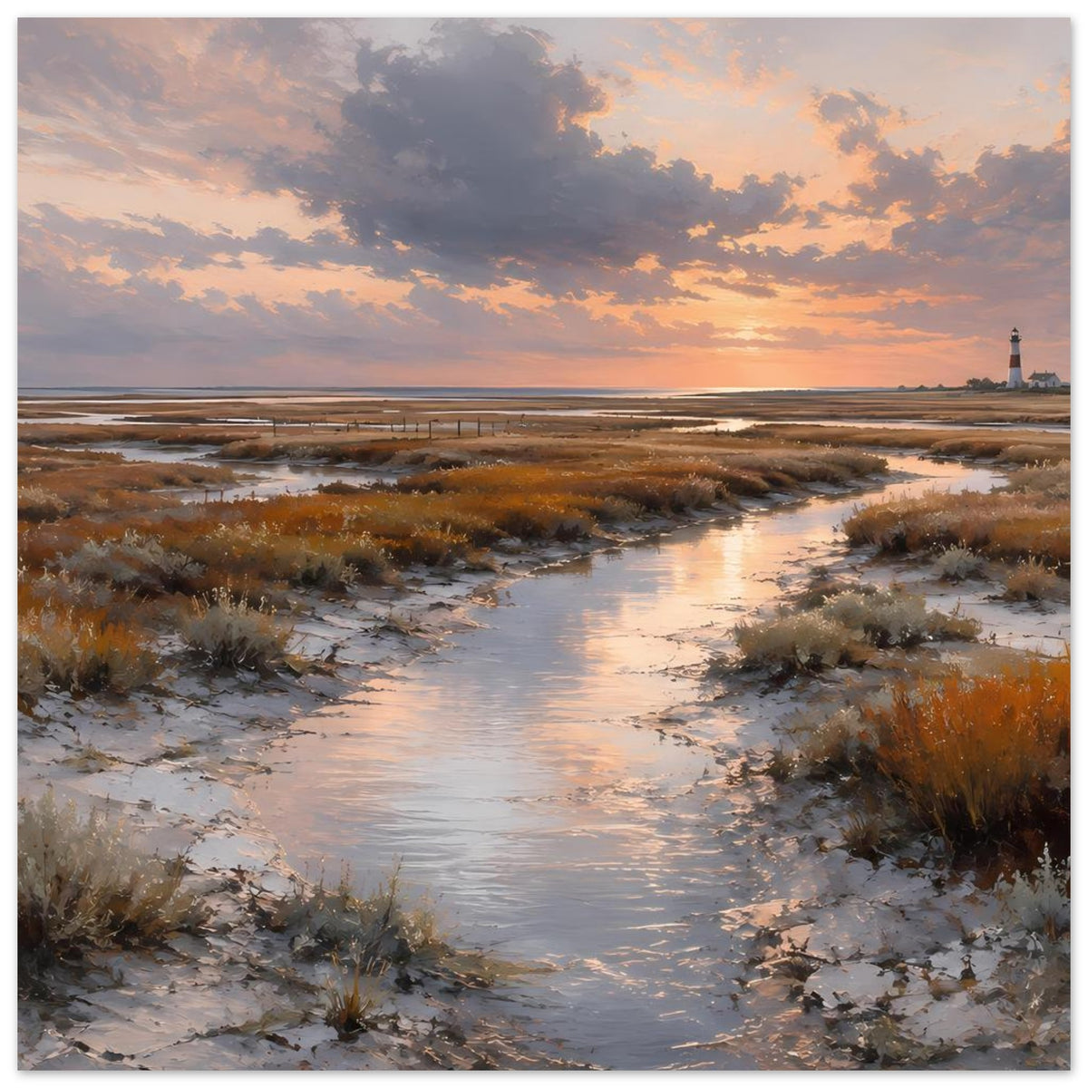 Poster mit Sonnenuntergang über Dünen, Wasserlauf und Leuchtturm am Horizont
