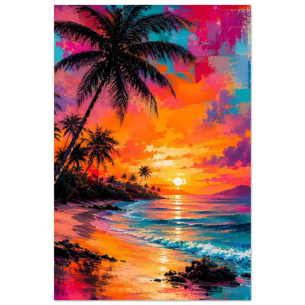 Abstraktes Poster im Hochformat: Palmen und Strandküste, Neonfarben am Sonnenuntergang