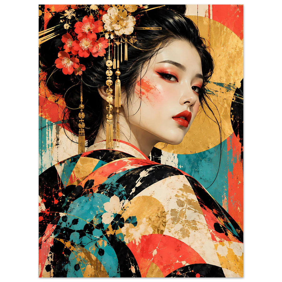 Kunstposter mit Porträt einer Geisha, Blüten im Haar und bunter gemusterter Kleidung