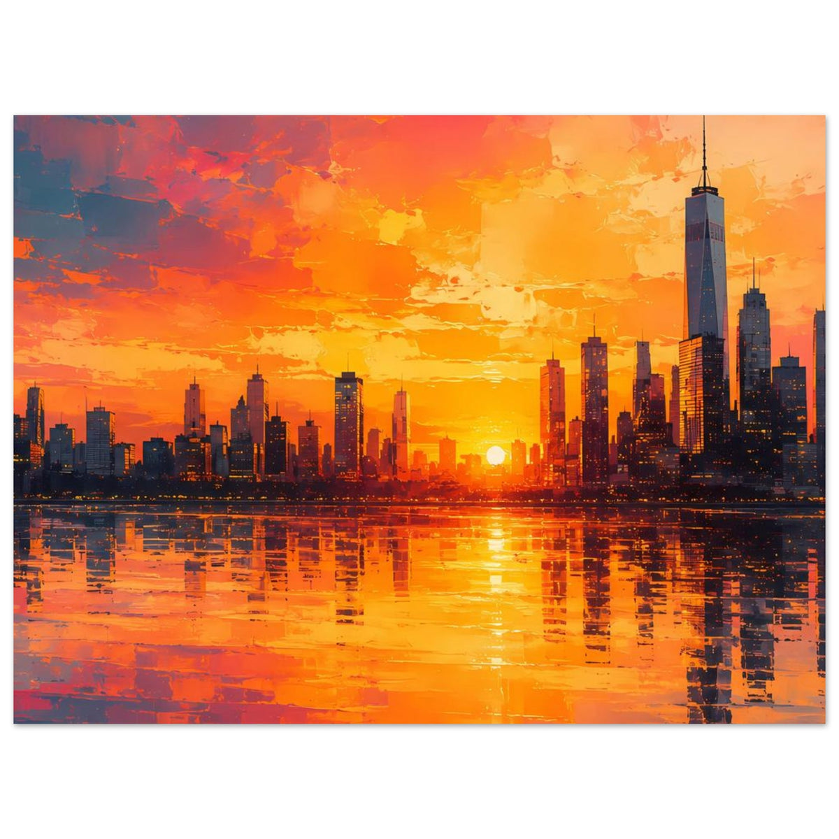 Horizontales Stadt-Skyline-Poster mit Sonnenuntergang, goldener Sonne und Spiegelung im Wasser