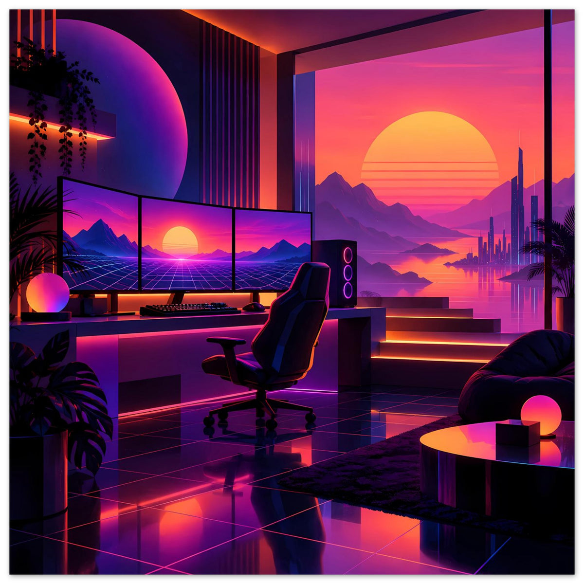 Neon-Retro-Poster: Sitzecke mit Neonlicht, große Sonne, Berge und Skyline-Spiegelung