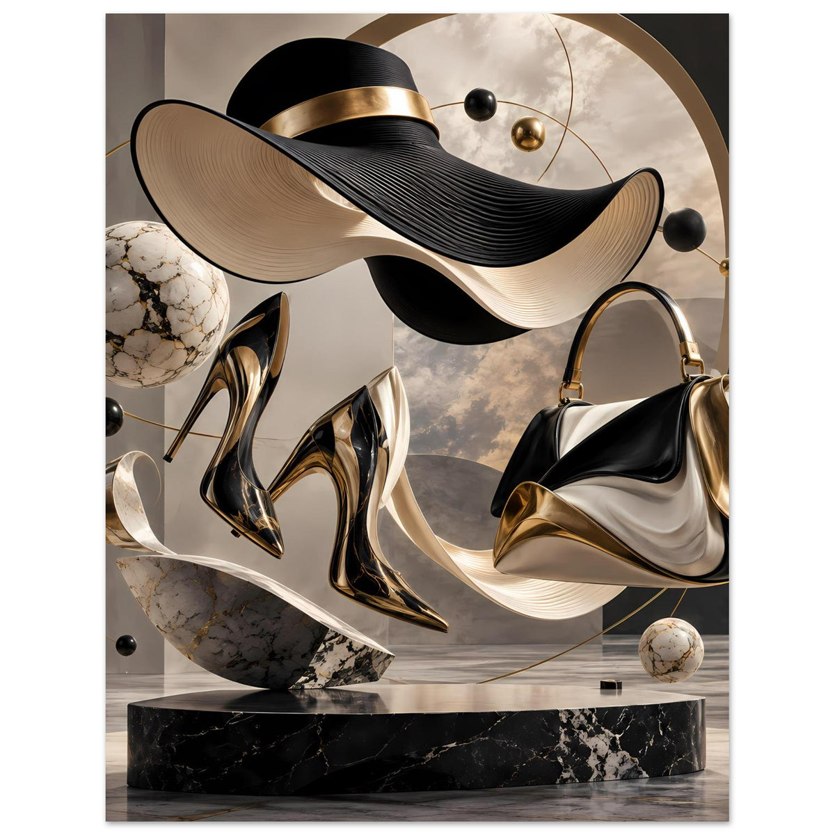 Modekunst-Poster mit Hut, Handtasche und High Heels in Schwarz und Gold
