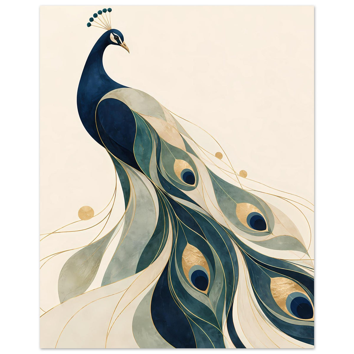 Porträt-Poster mit blauem Pfau und schimmernden Gefiederaugen in Grün und Gold auf hellem Motivfeld