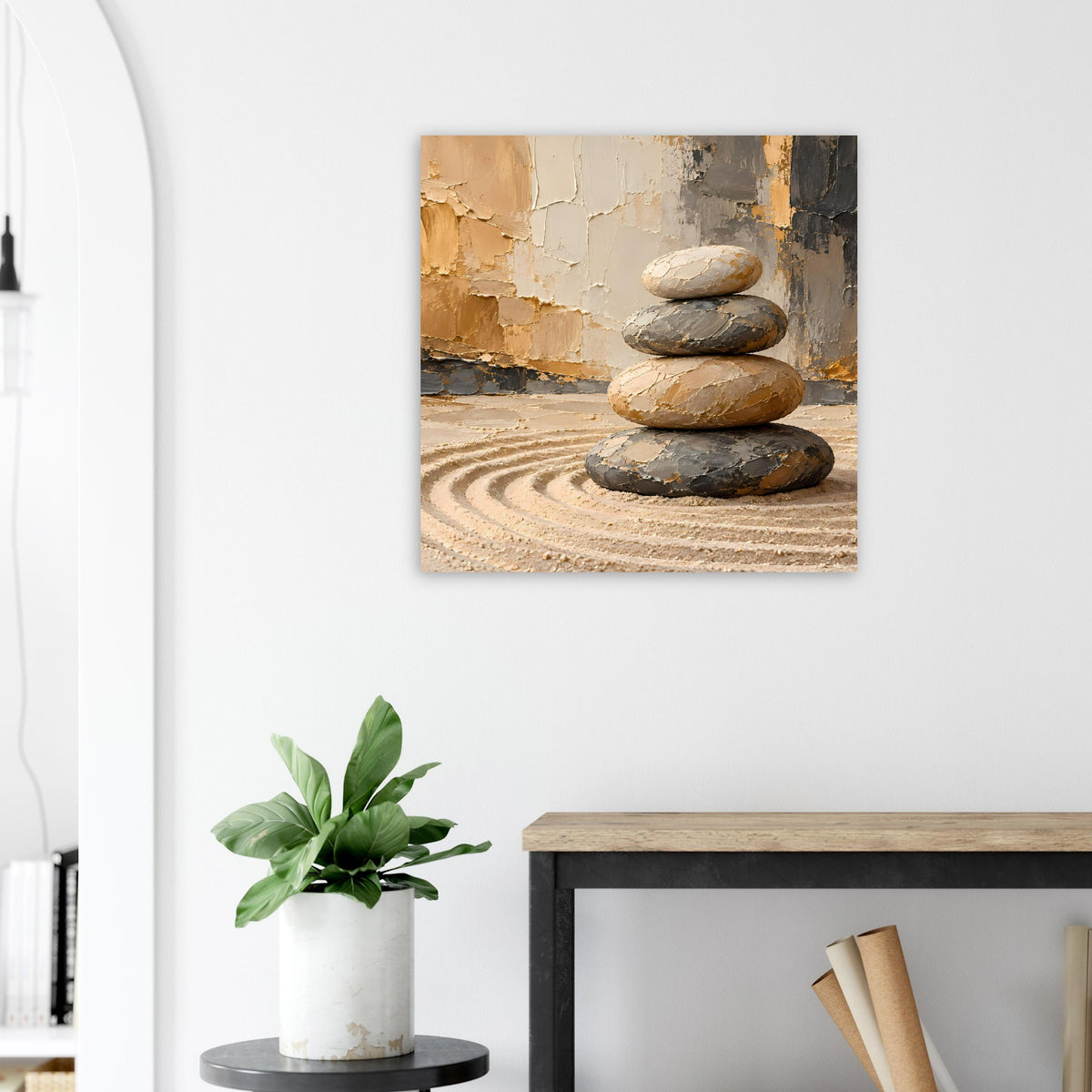 Zen-Balance-Stack Poster: gestapelte Steine auf Sand mit warmem Hintergrund