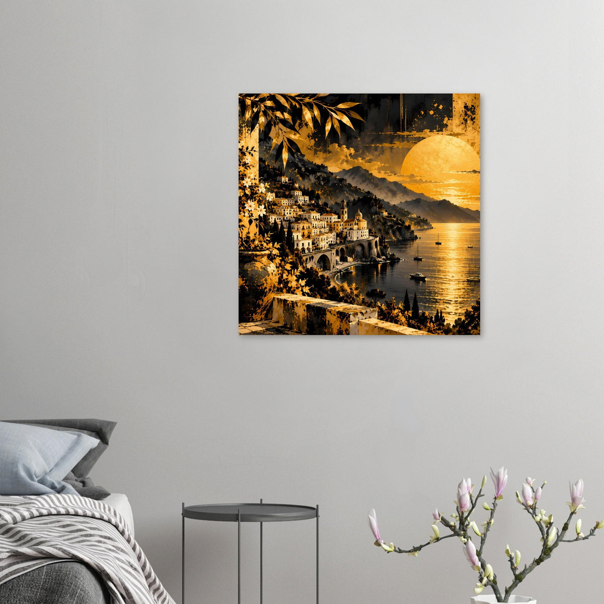 Kleines Wandposter mit Küstendorf bei Sonnenuntergang, gelber Sonne und Booten