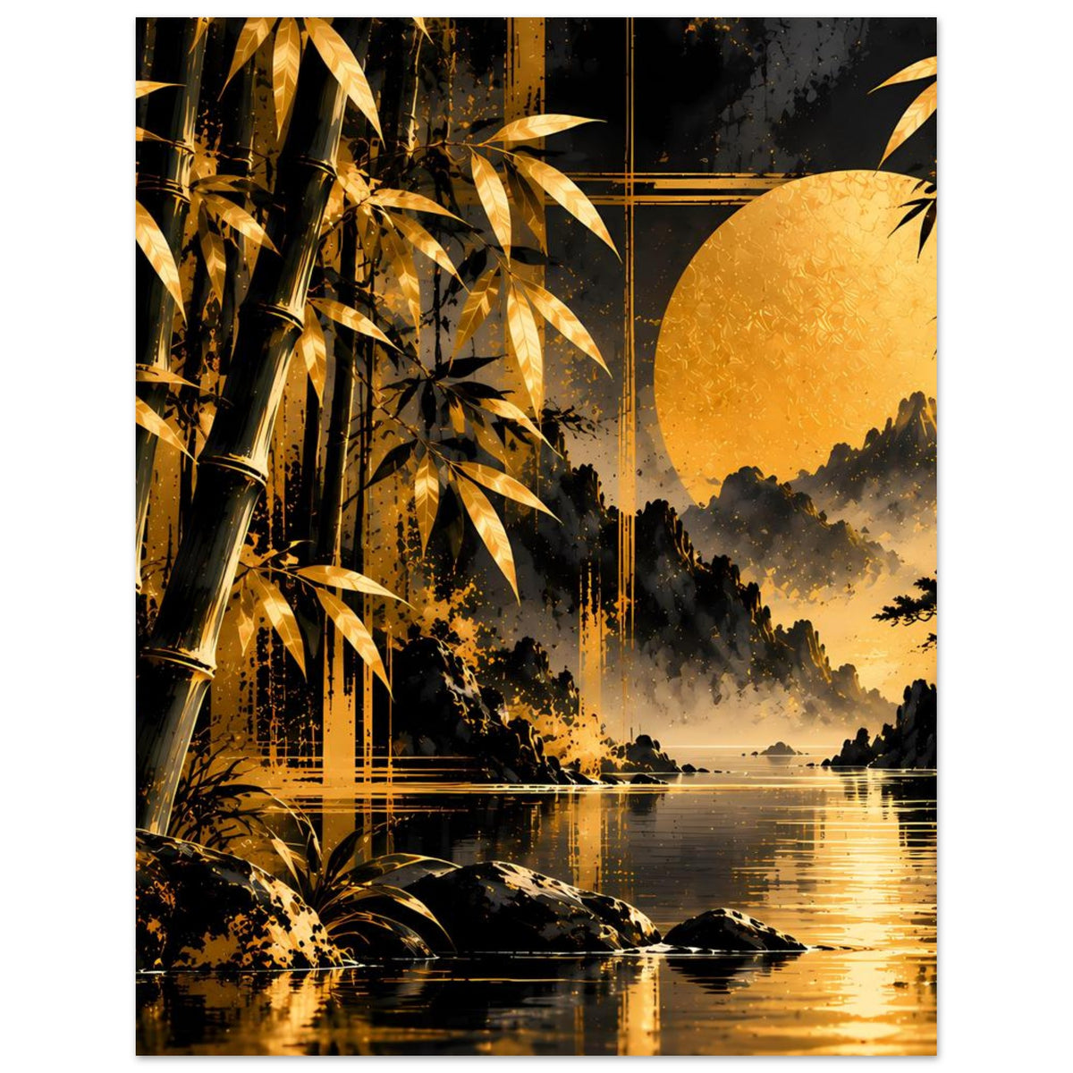 Poster mit goldenen Bambuspflanzen links, gelber Sonne/Mond rechts und See im Dunkel