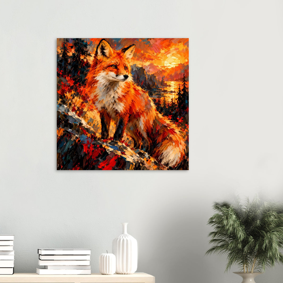 Quadratisches Poster: Fuchs-Porträt in Orange-Rottönen, Sonnenuntergangs-Look