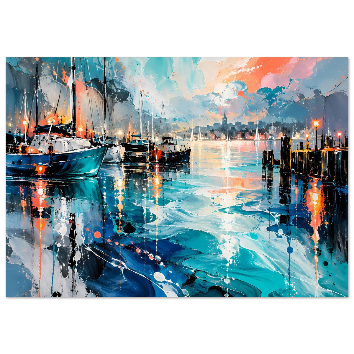 Querformat-Poster mit abstraktem Hafenmotiv, Segelboote, leuchtende Lichter entlang des Ufers