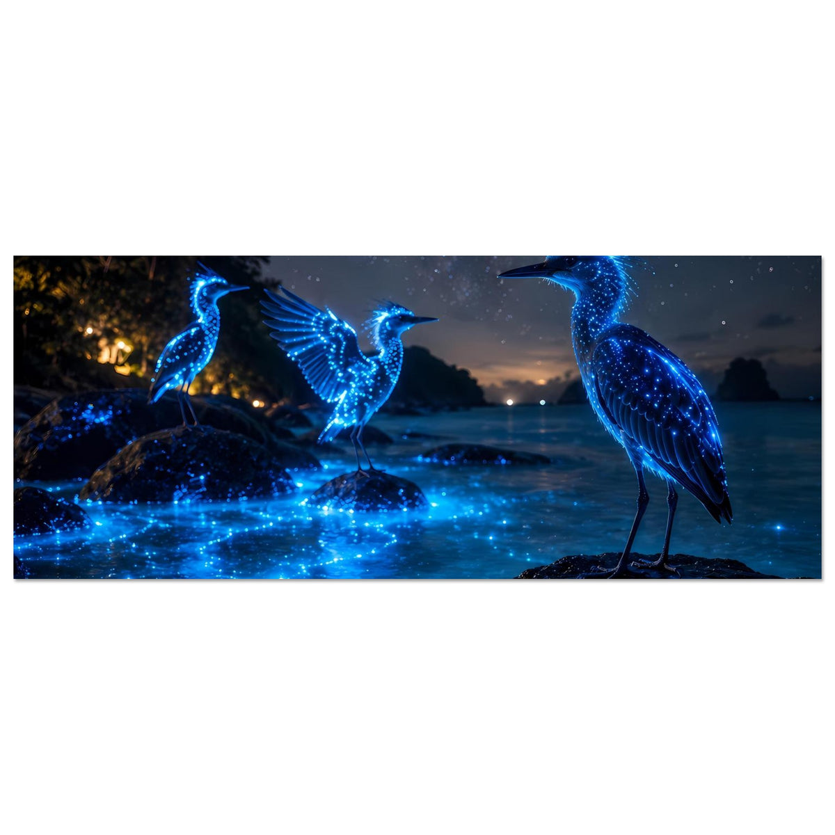 Horizontales Poster mit drei blau leuchtenden Nachtvögeln am Wasser vor Sternenhimmel