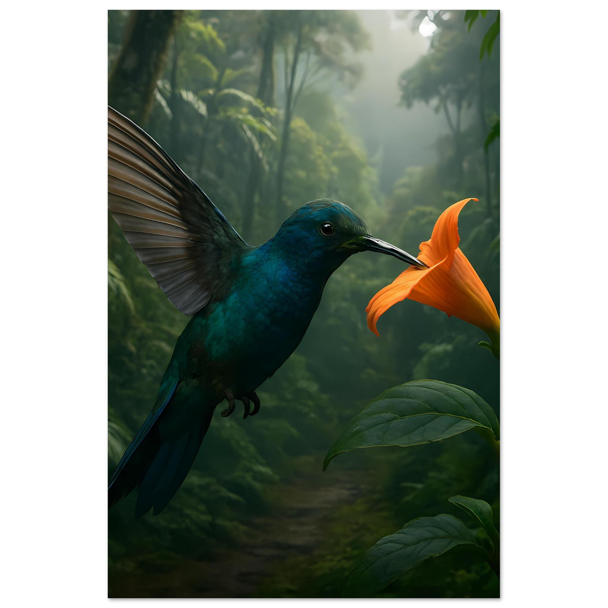 Vertikales Poster mit Kolibri am Ast, orangefarbene Blüte und sattes Grün