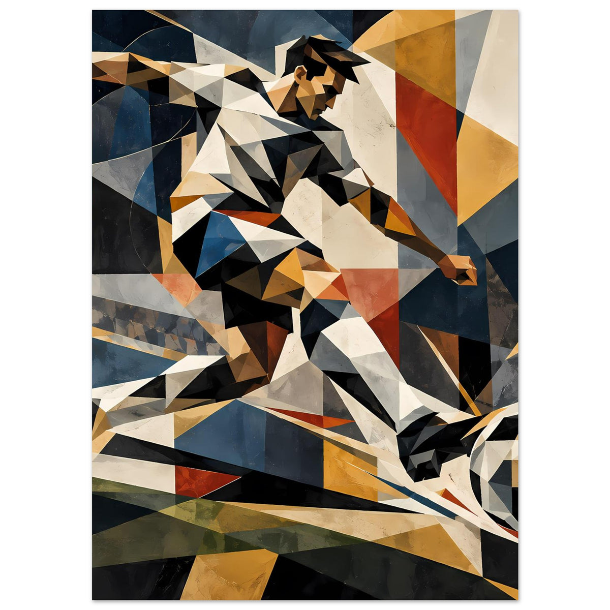 Abstraktes Fußballspieler-Poster mit geometrischem Muster, Schussbewegung, Kontraste in Schwarz