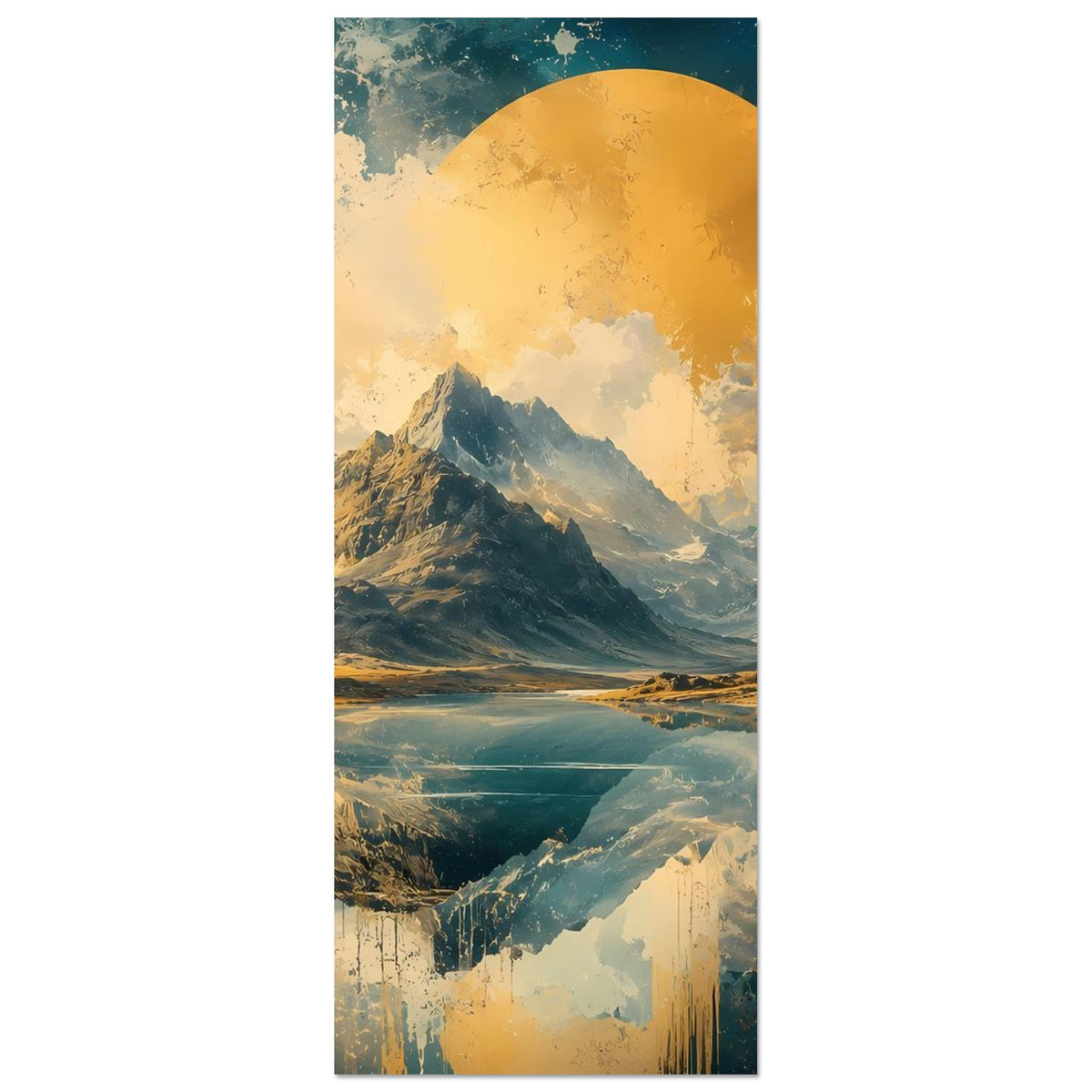 Gerahmtes Hochformat-Poster mit Berglandschaft, goldene Sonnenscheibe, Blau-Gold-Farbverlauf