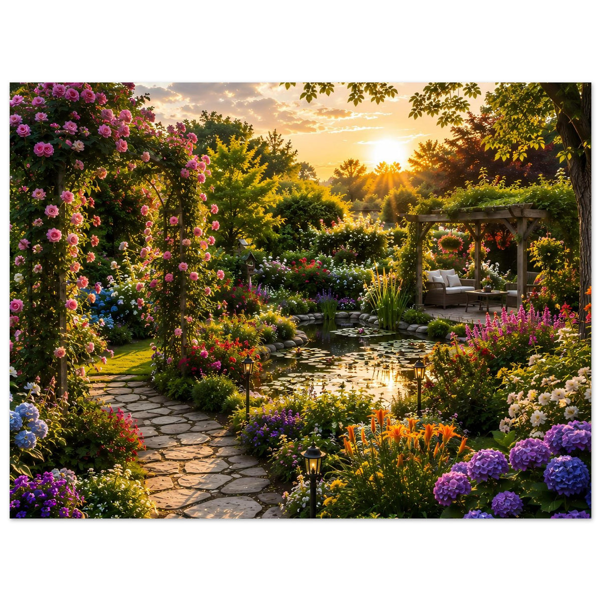 Gartenposter im Querformat mit Kopfsteinweg, bunten Blüten und Laube im Sonnenuntergang