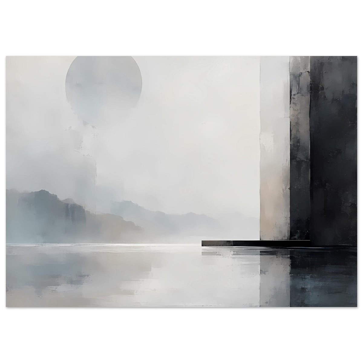 Monochromer Landschaftsposter mit ruhigem Horizont, Bergsilhouette, Halbmond und markanter Kante rechts