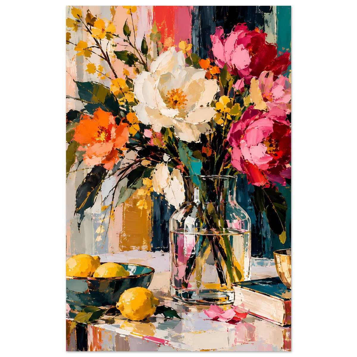Blumenstilleben-Poster: Blütenstrauß in Vase, Glasbecher und gelbe Früchte, kräftige Farben