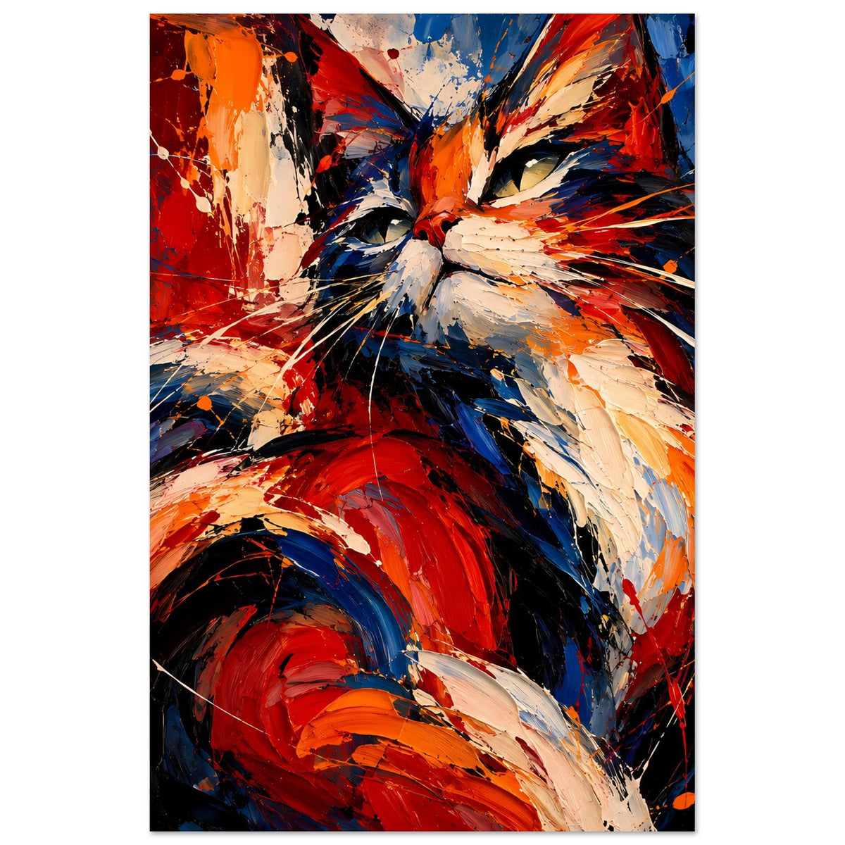 Hochkant-Poster: abstrakte Katze mit roten, blauen und beigen Farbwirbeln und Spritzern
