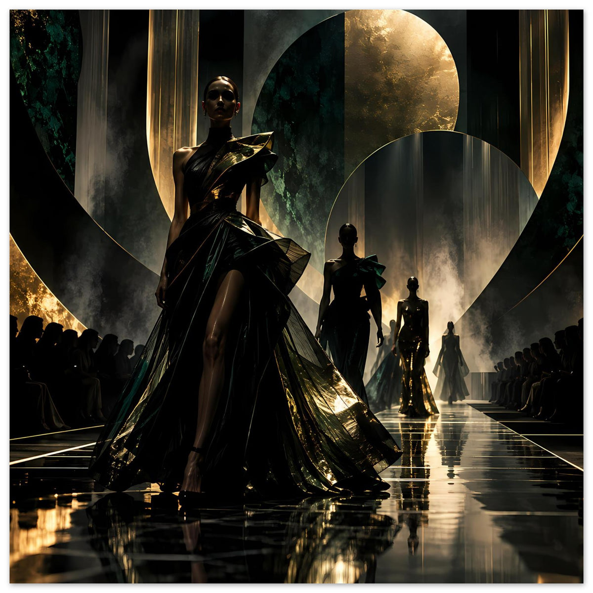 Poster mit Fashion-Runway: schwarze Dame mit Goldschimmer auf Kleid, mehrere Modelle als Silhouetten.