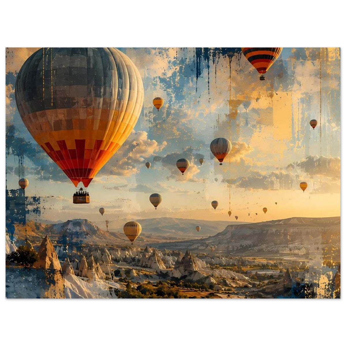 Landschaftsposter mit Heißluftballons über Berglandschaft, goldene und blaue Farbflächen