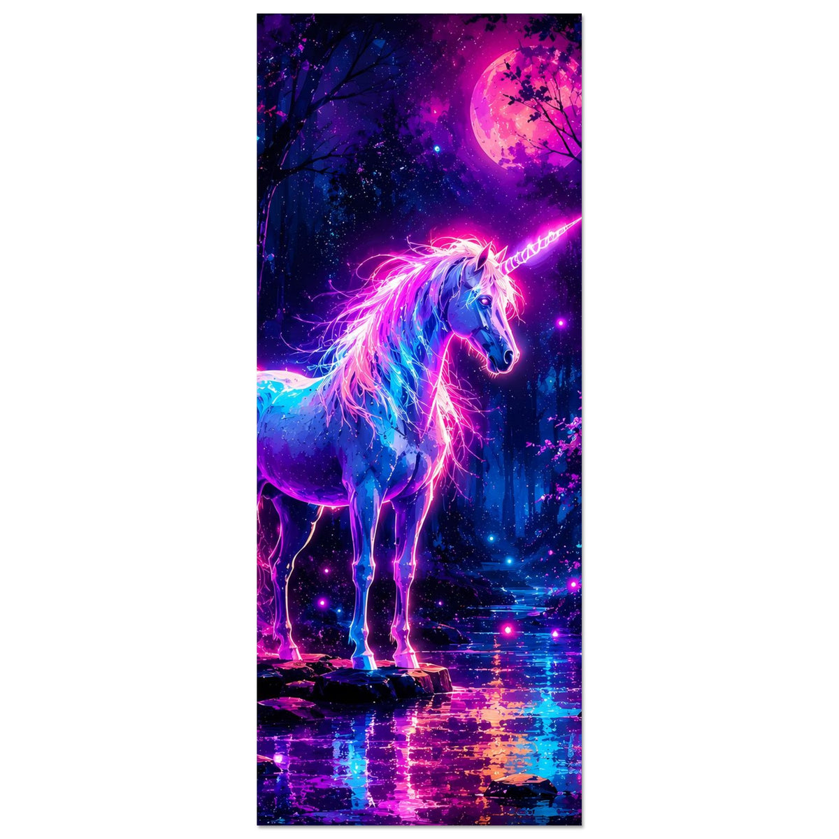 Hochformat-Neon-Einhorn-Poster: Einhorn im Stand, leuchtende Mähne und Horn vor Vollmond