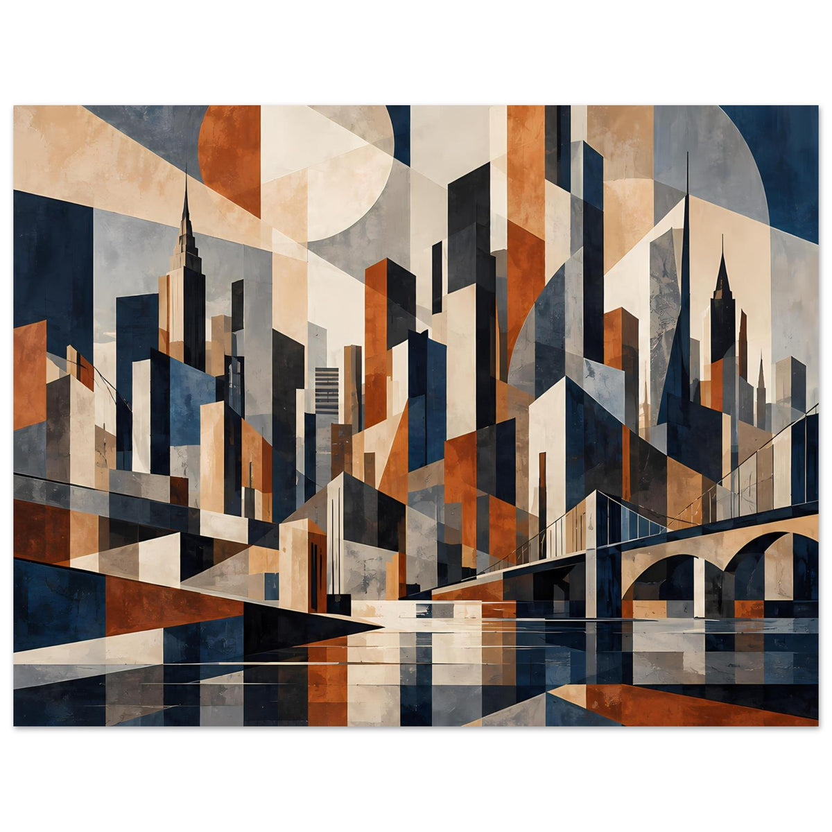Poster mit geometrischer Stadtsilhouette in Marineblau und Rostrot, Kreis und Hochhäuser