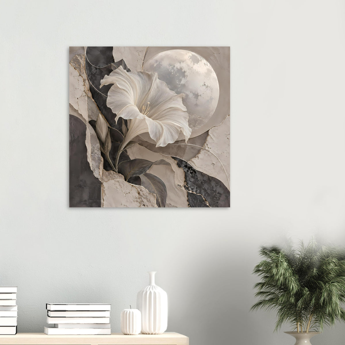 Quadratisches Kunstposter mit weißer Blüte, dunklem Blattwerk und Mondmotiv