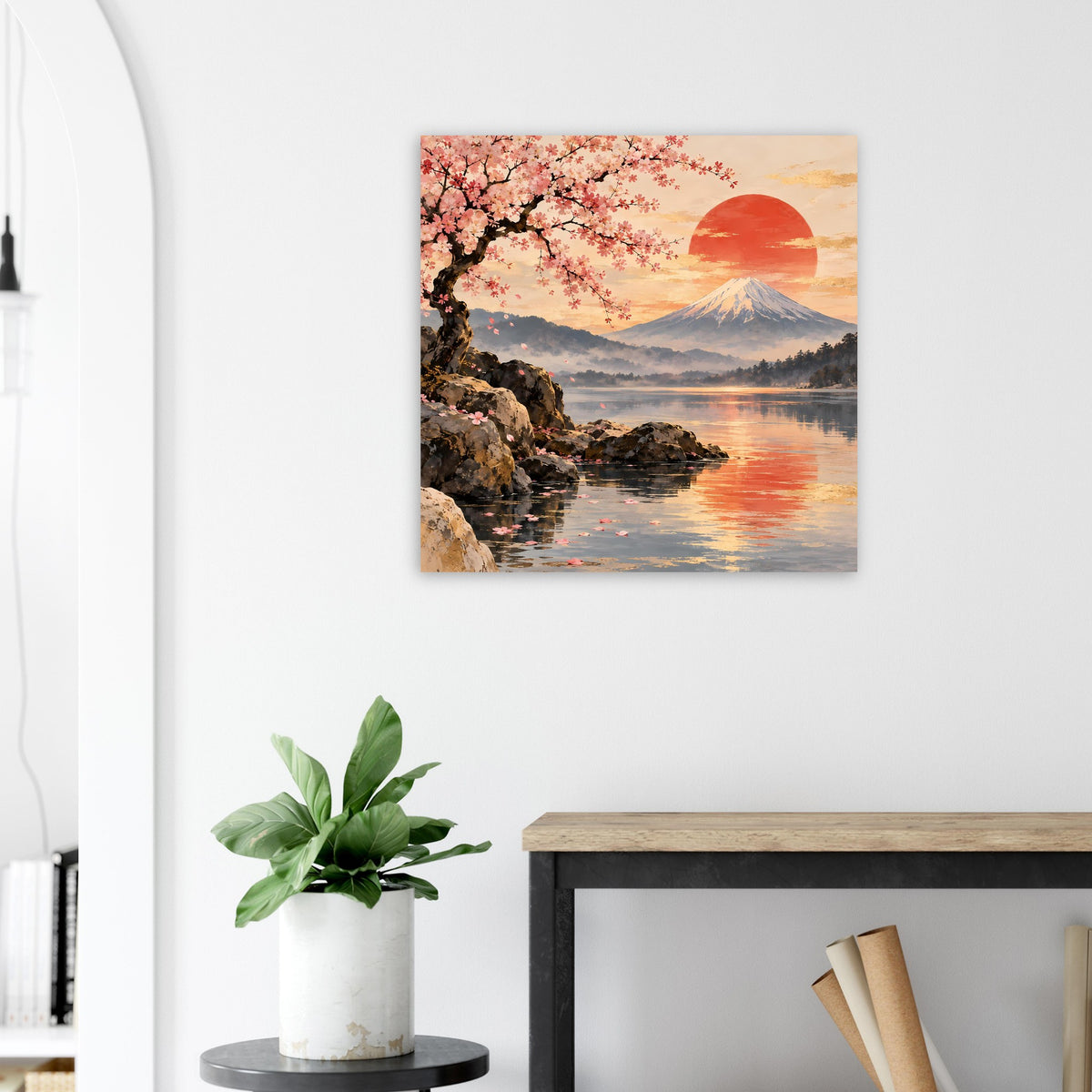 Poster mit Kirschblütenzweig, Berg Fuji und goldenem Sonnenkreis im Wasser
