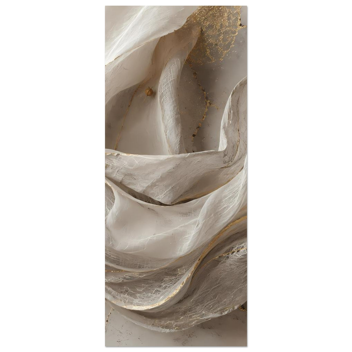 Abstraktes Poster im Hochformat: elfenbeinweiße Wellen mit goldenen Akzenten