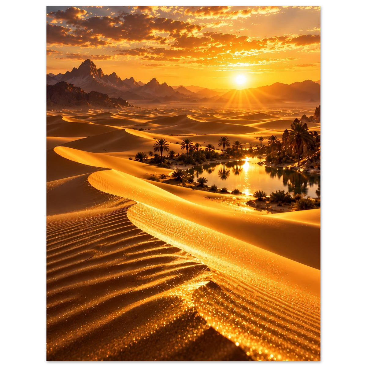 Wüstenlandschafts-Poster im Hochformat: Dünen und Palmen an einer Oase, Sonne mit Lichtstrahlen