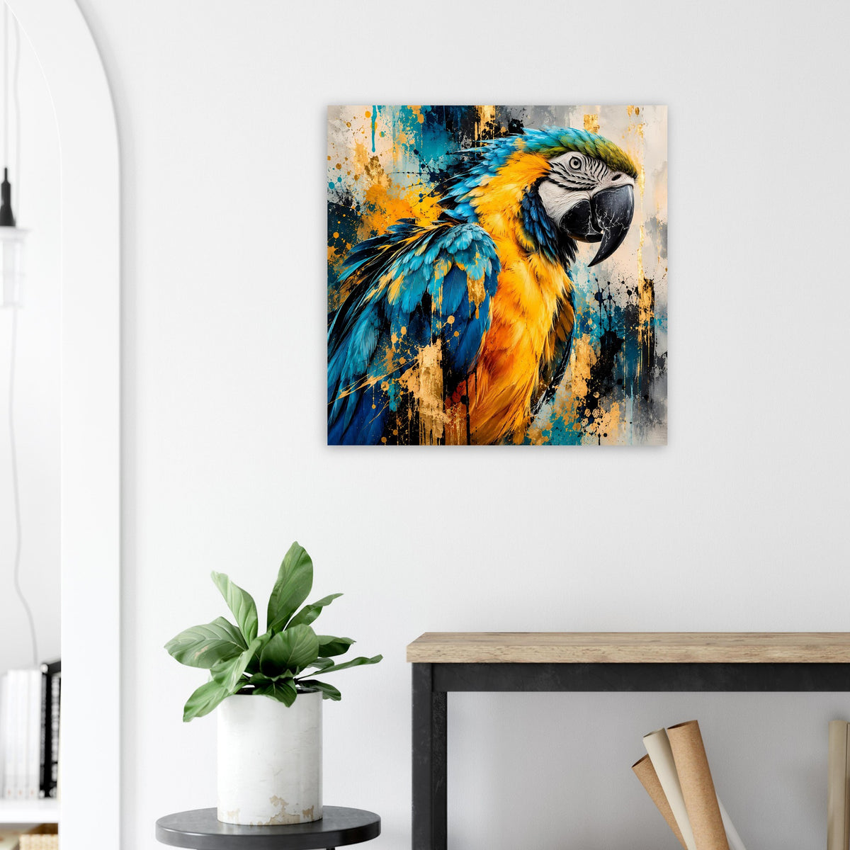 Wandposter mit Papagei-Kunstmotiv, kräftige Farben in Blau, Gelb und Türkis