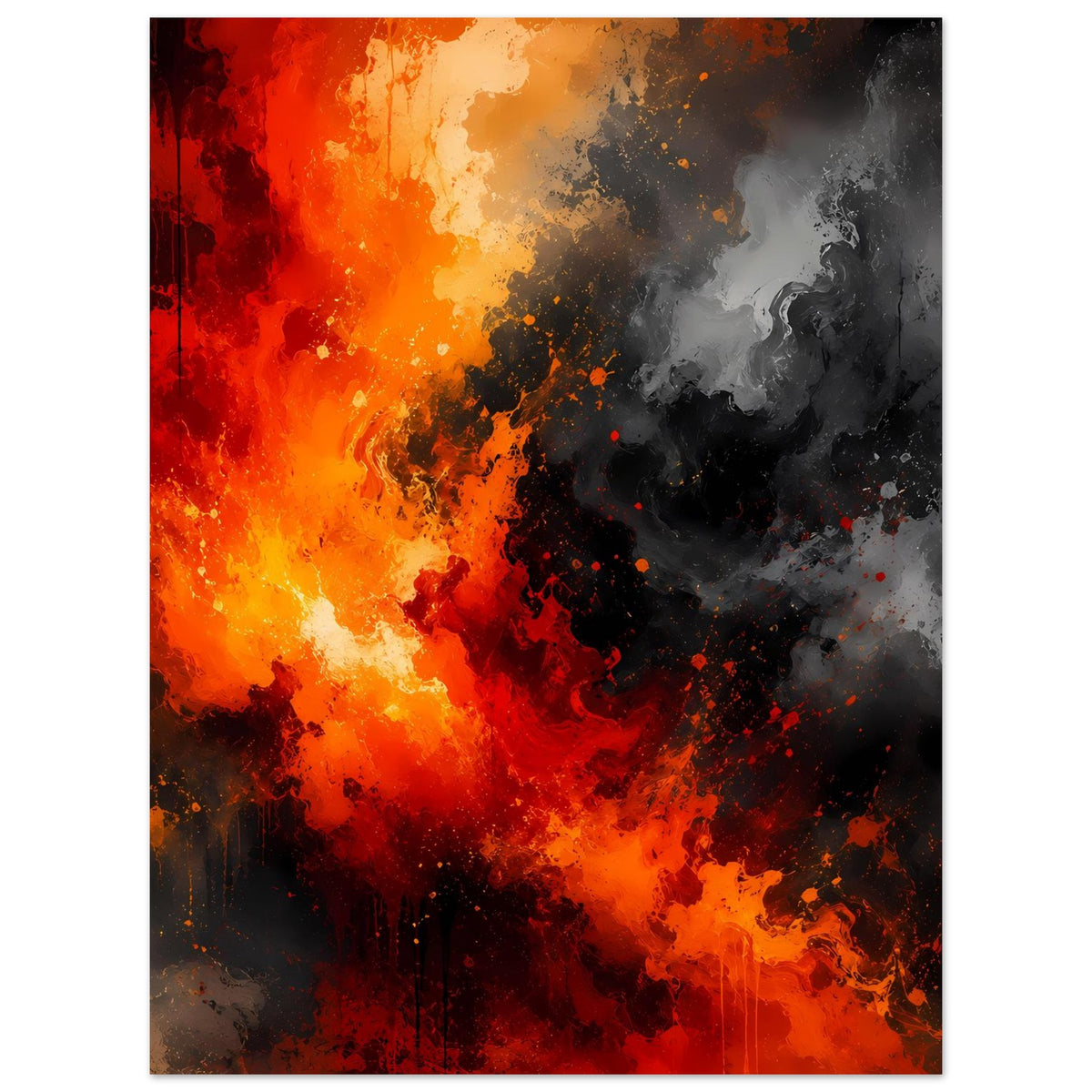Abstraktes Poster mit Feuer- und Rauchmotiv in Rot, Orange und Grautönen