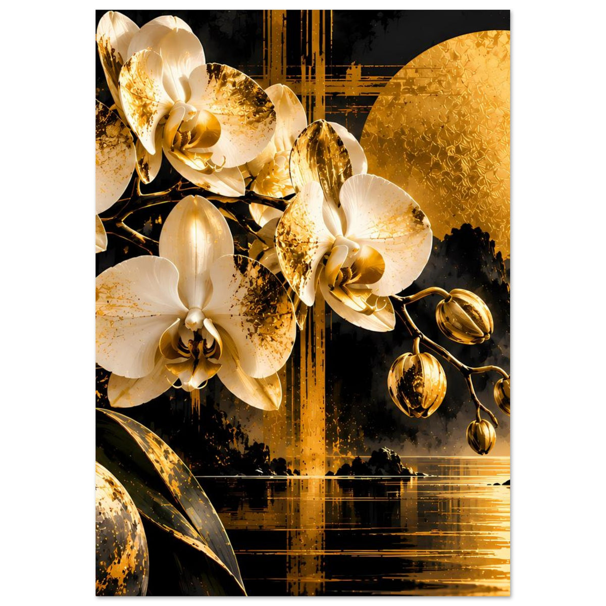 Orchideen-Premiumposter mit weißen Orchideenblüten und goldener Farbfläche rechts