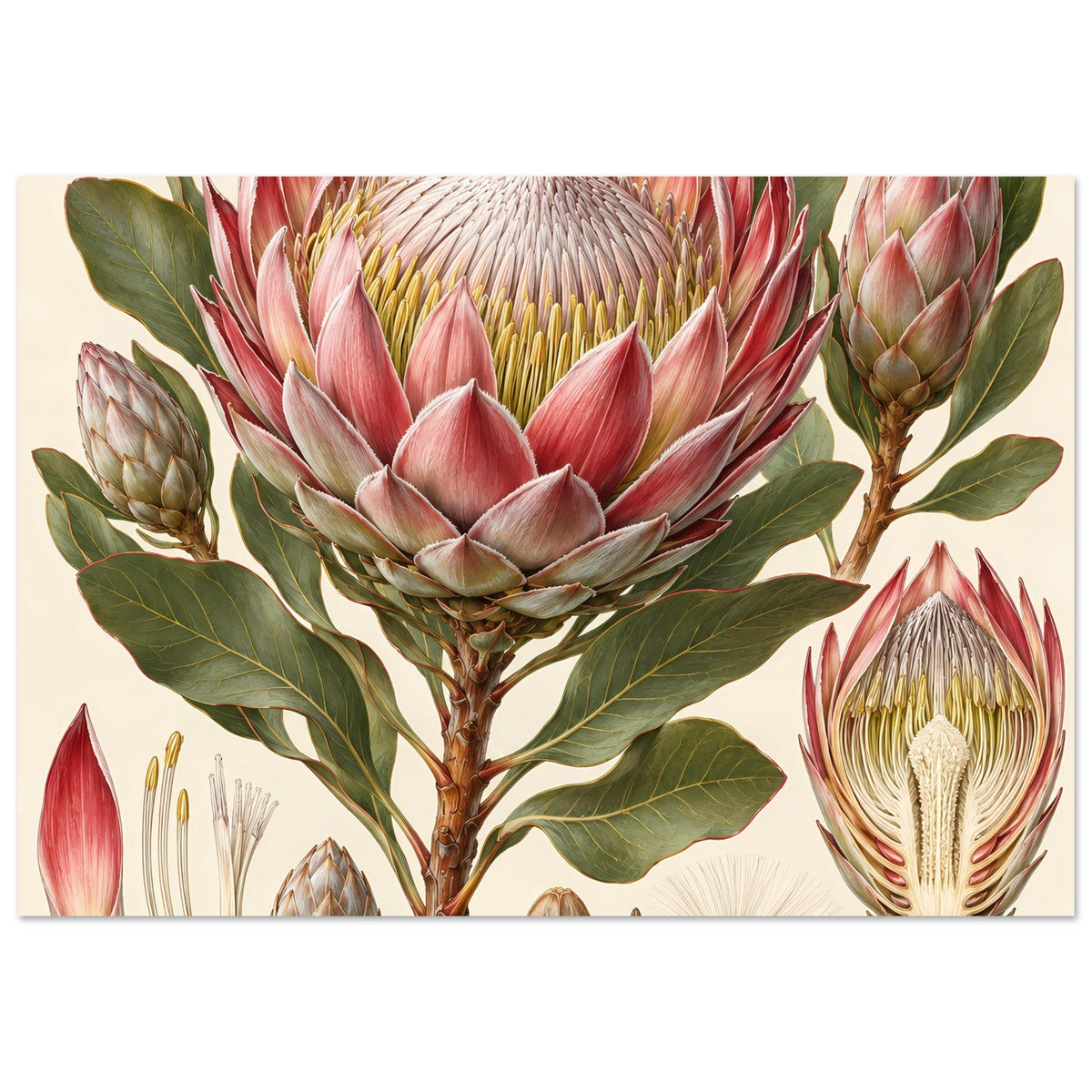 Blumenposter mit Protea-Blütenmotiv und Blättern, querformat, auf mattem Papier